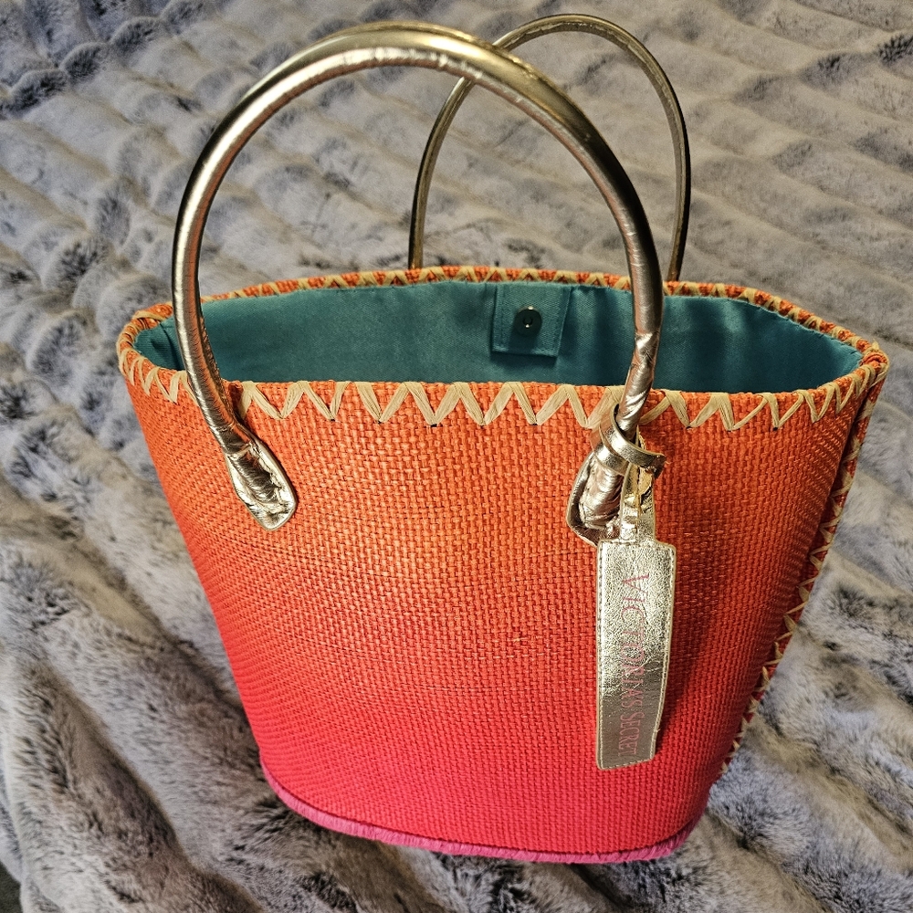 Victoria's Secret Beach Straw Tote Bag Large Handbag Orange/Pink Limited Edition